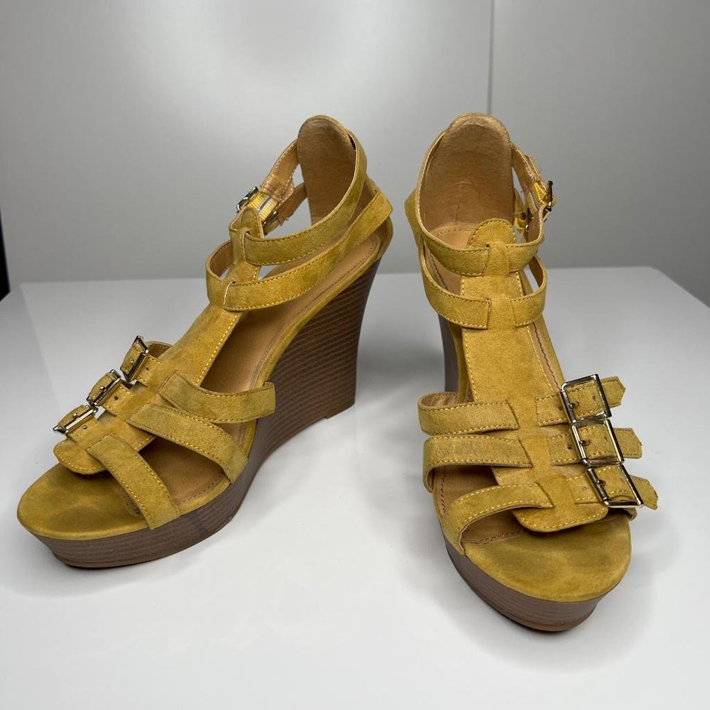 Express Strappy Suede Wedge Sandals Mustard